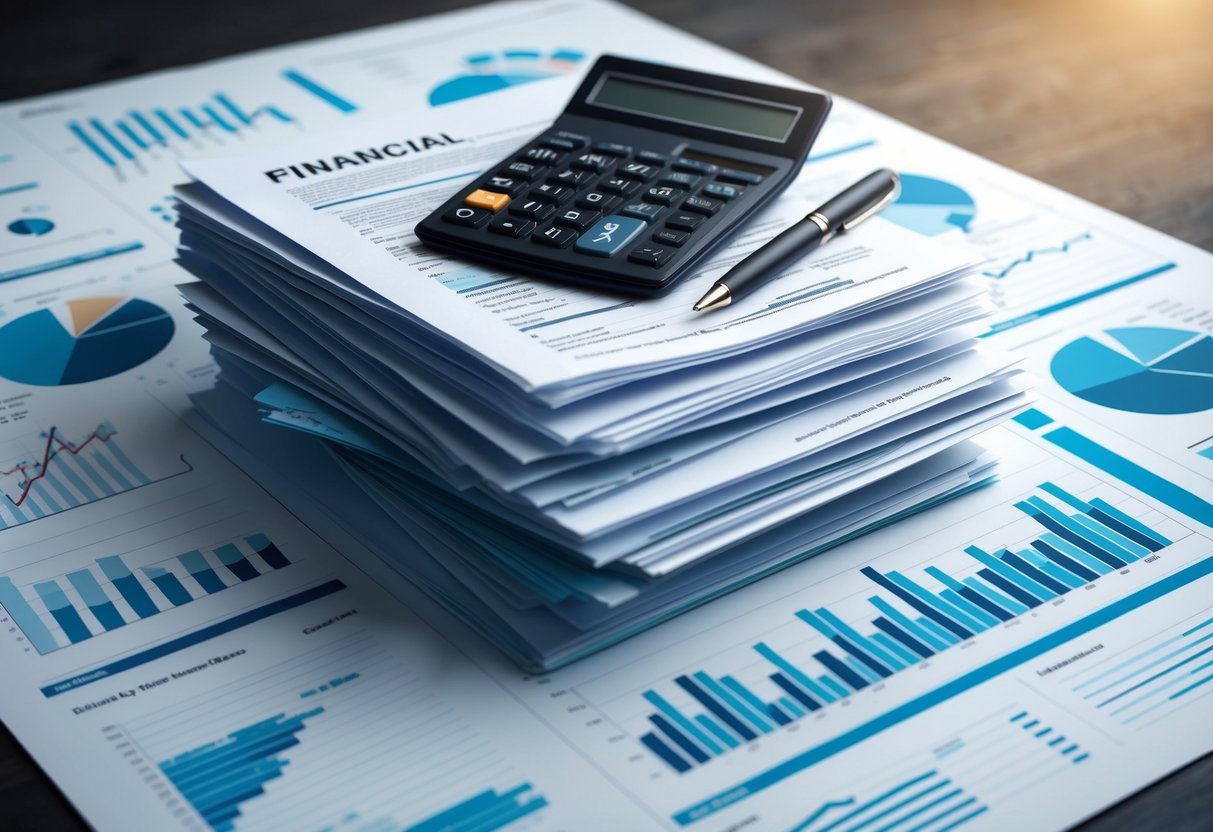 A stack of financial documents surrounded by charts and graphs, with a calculator and pen laying on top