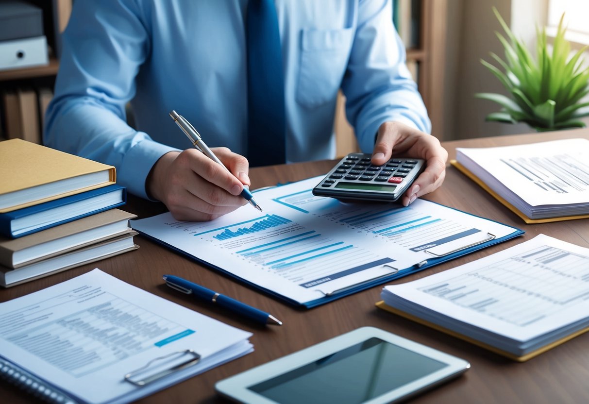 A landlord reviewing financial documents with a calculator and pen, surrounded by property management books and tax forms