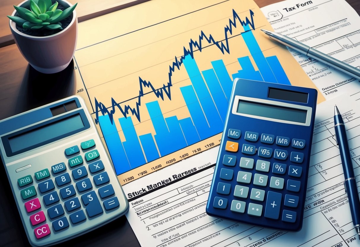 A stock market graph with a rising trend line, a calculator, and a tax form on a desk