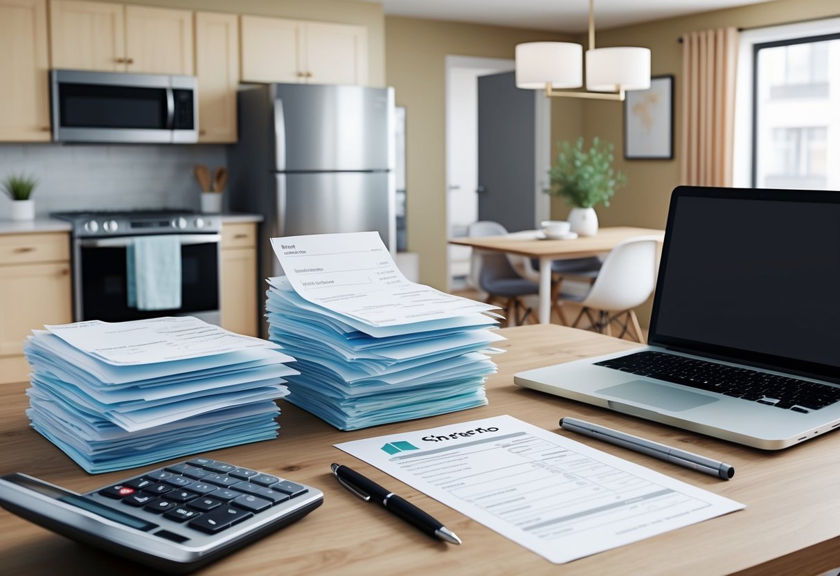 A cozy rental property with modern furnishings and appliances. A stack of receipts and financial documents on a desk, alongside a calculator and laptop