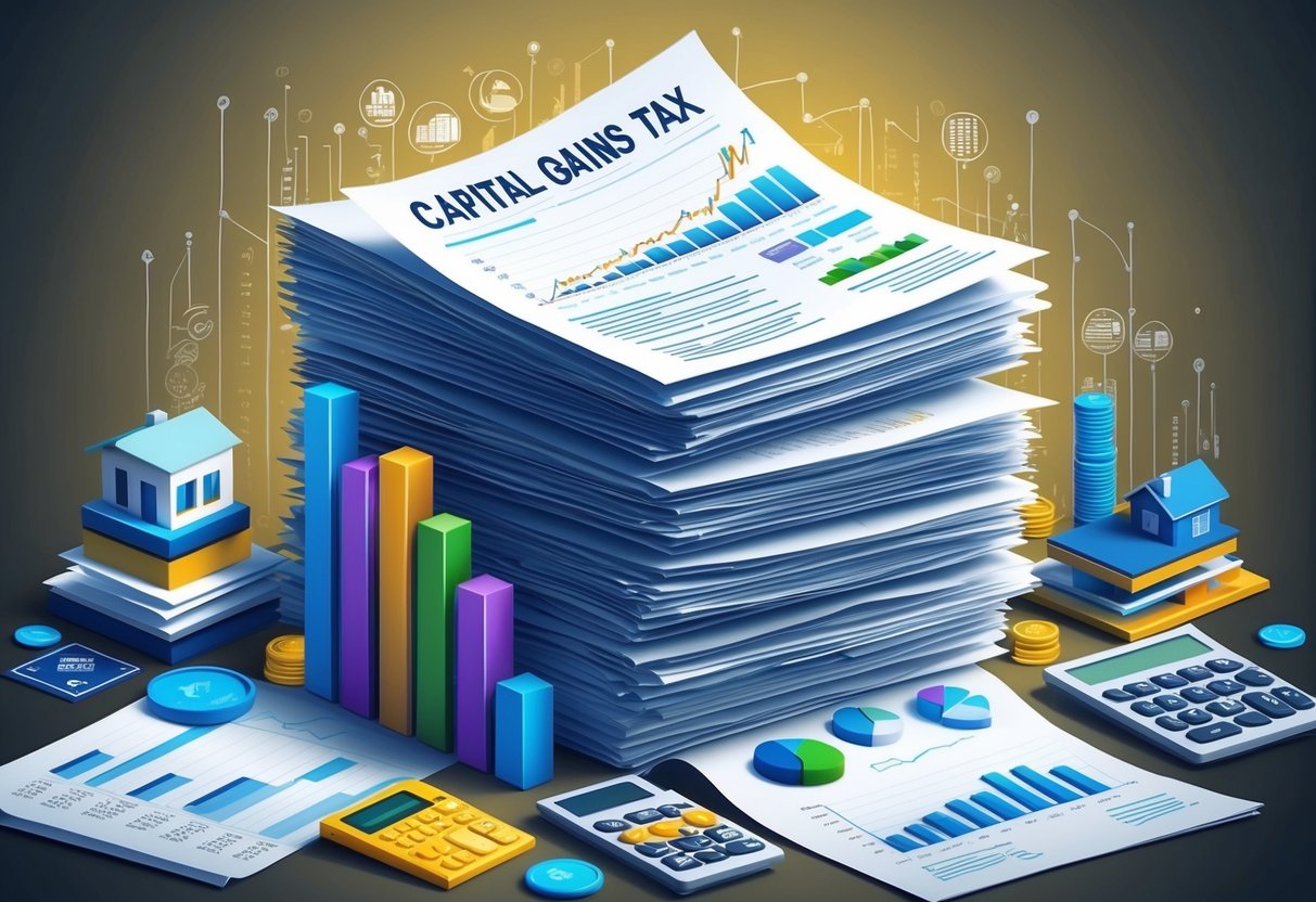 A stack of financial documents and investment charts surrounded by various instruments such as stocks, bonds, and real estate properties, all subject to capital gains tax