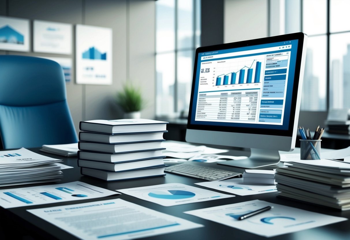 A modern office with a desk covered in paperwork and a computer screen displaying financial data. A stack of real estate investment books sits on the desk