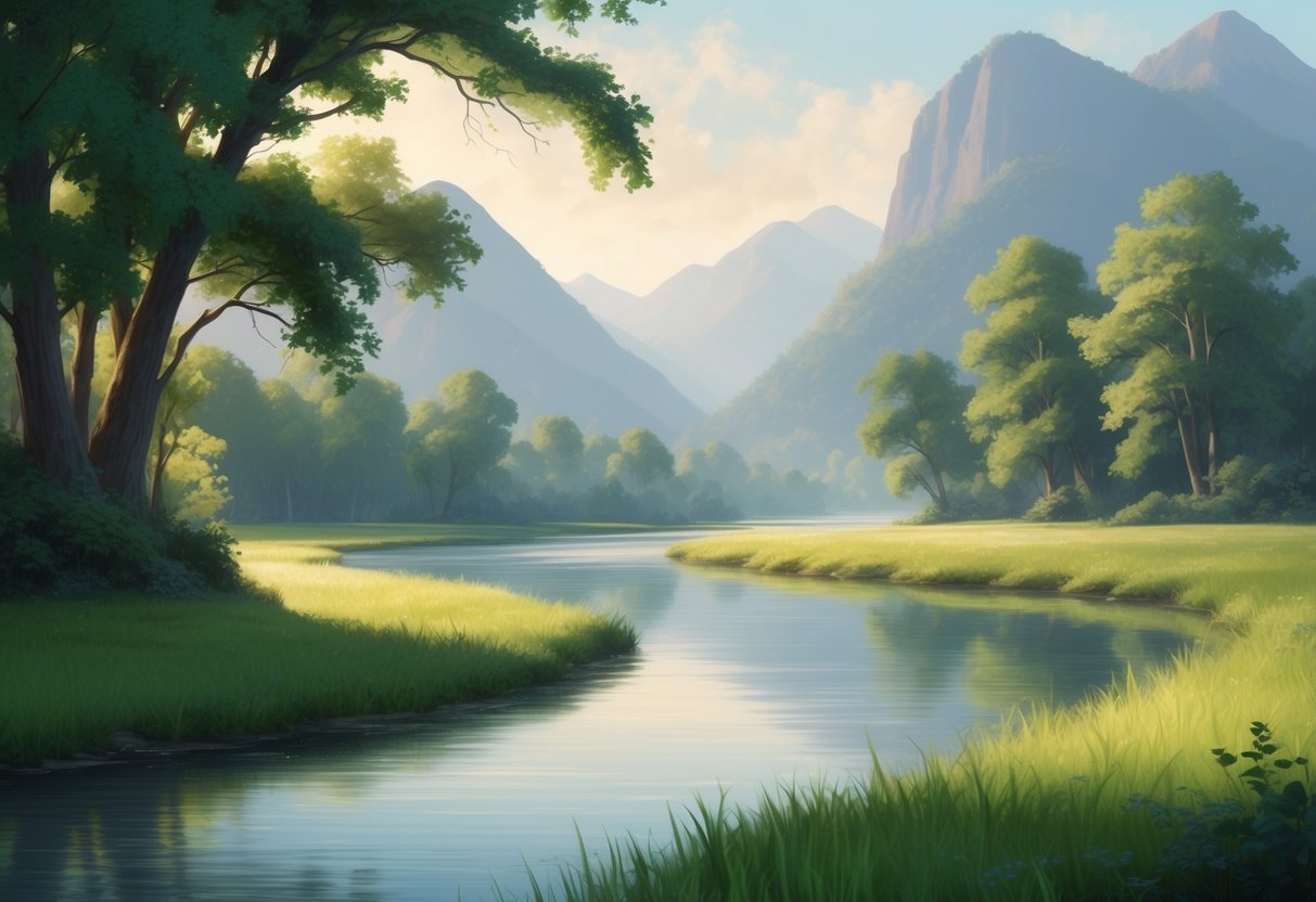 A serene landscape with a calm river flowing through lush greenery, framed by tall mountains in the background. The scene exudes tranquility and stability, reflecting the impact of capital gains tax rates on passive investments
