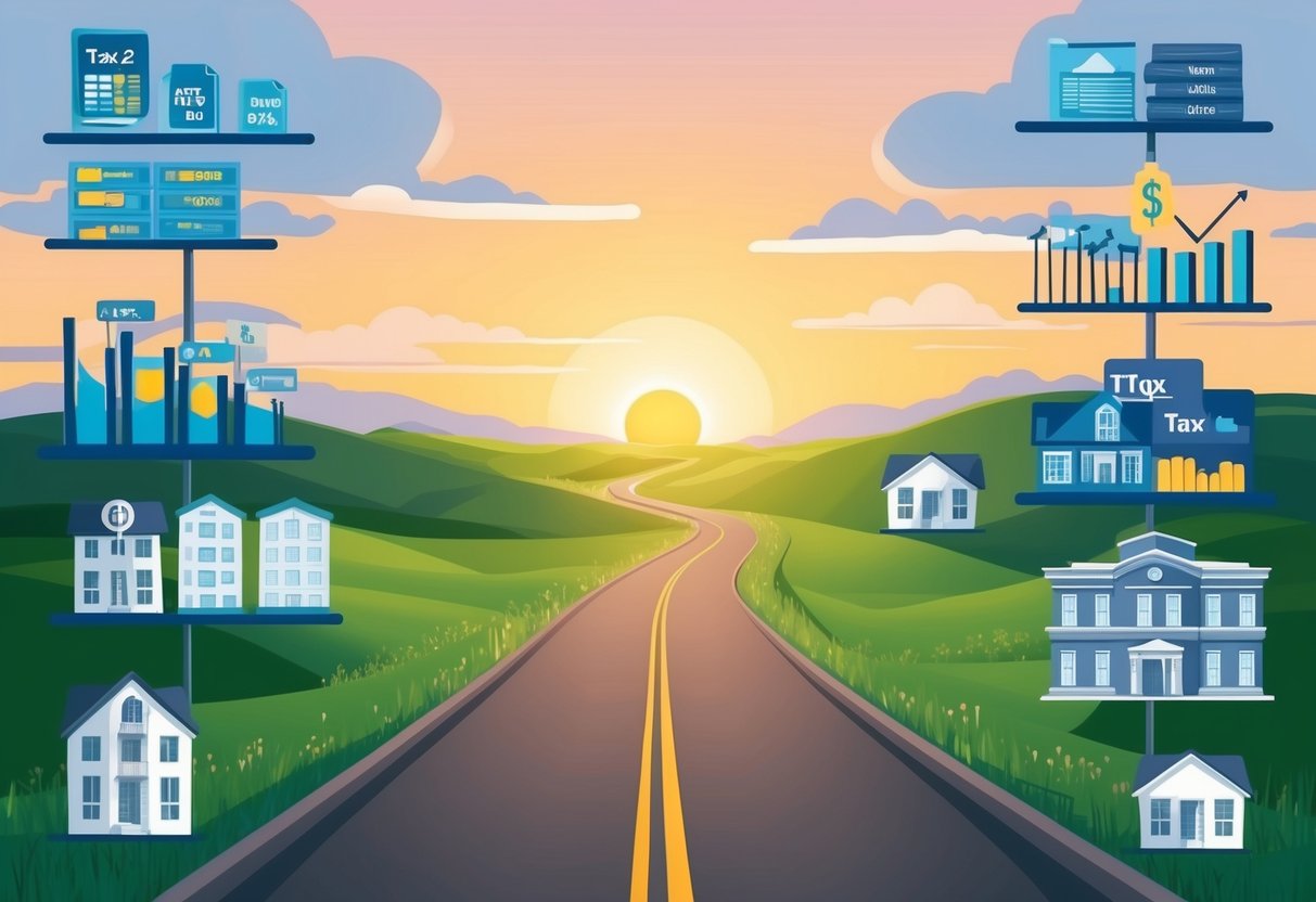 A serene landscape with a winding road leading towards a sunset, surrounded by various tax-advantaged investment vehicles such as stocks, bonds, and real estate properties