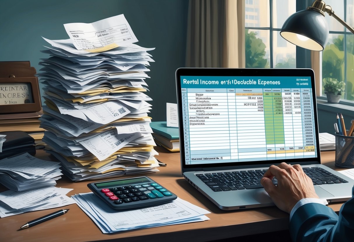 A cluttered desk with a stack of receipts, a calculator, and a laptop open to a spreadsheet showing rental income and deductible expenses