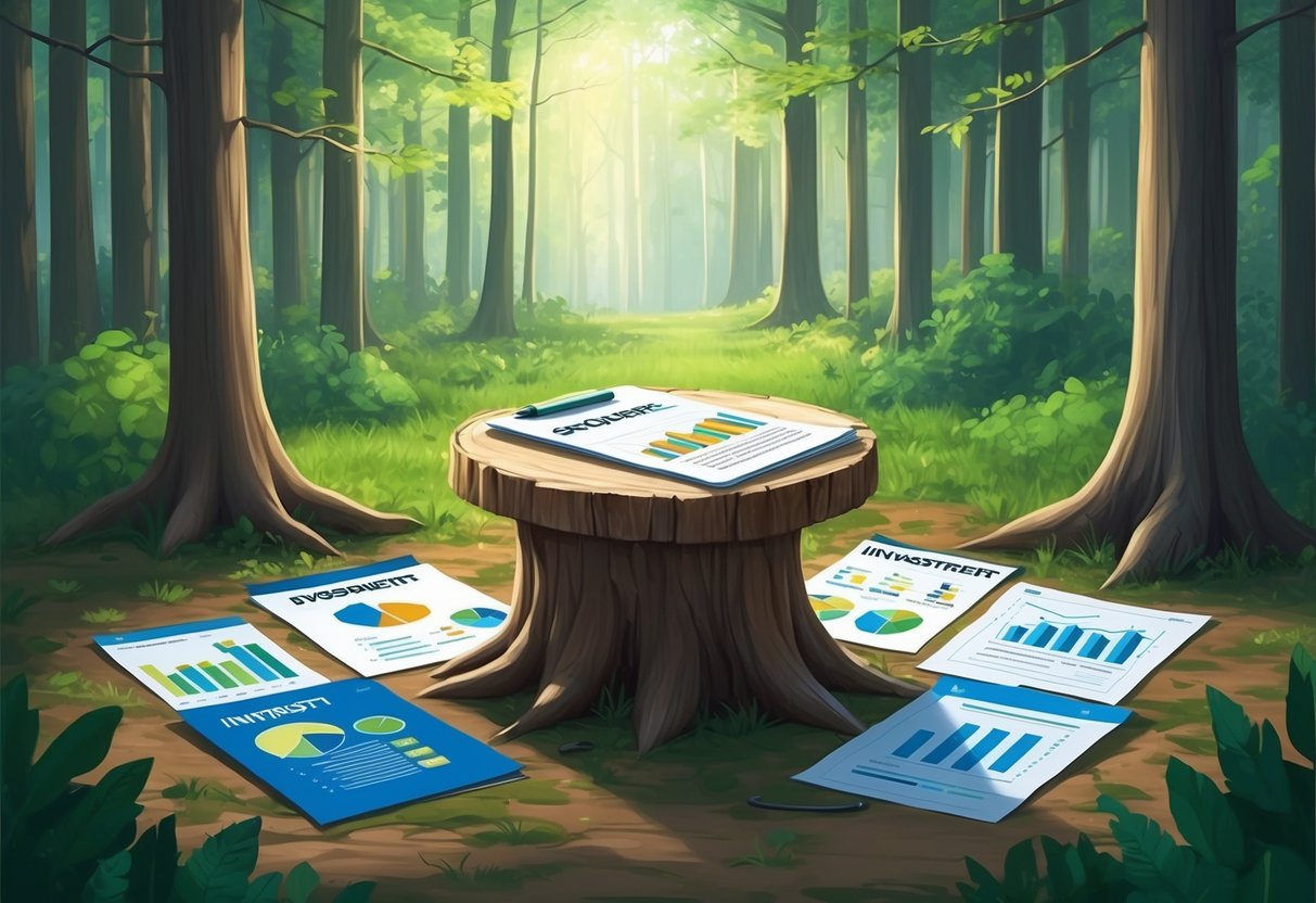 A serene forest clearing with a tree stump serving as a makeshift table, surrounded by various investment-related documents and charts