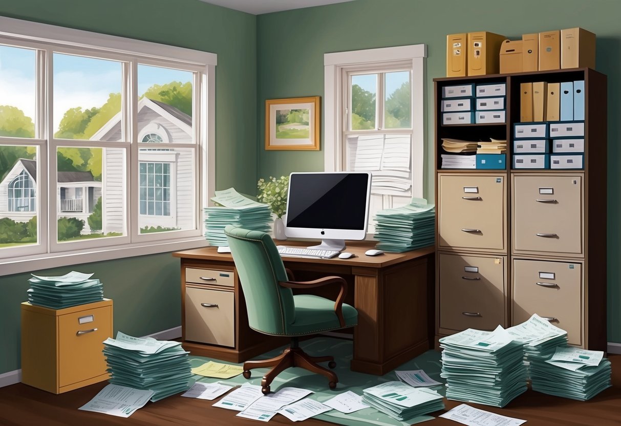 A cozy rental property with a well-organized office space, filled with filing cabinets, a computer, and stacks of receipts and documents for deductions
