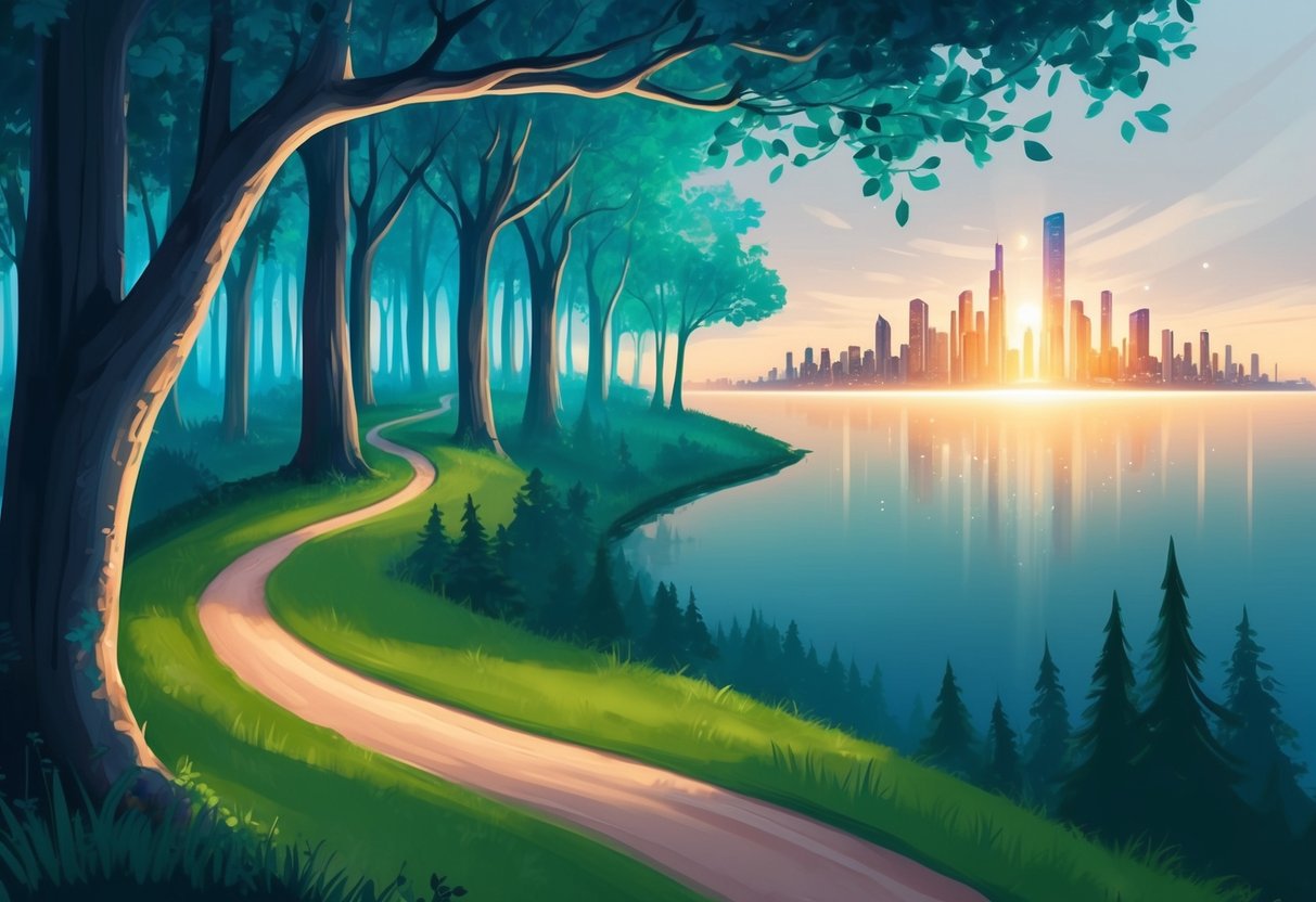 A serene forest with a winding path leading to a glowing, futuristic cityscape on the horizon, symbolizing the potential for growth and opportunity in passive investments