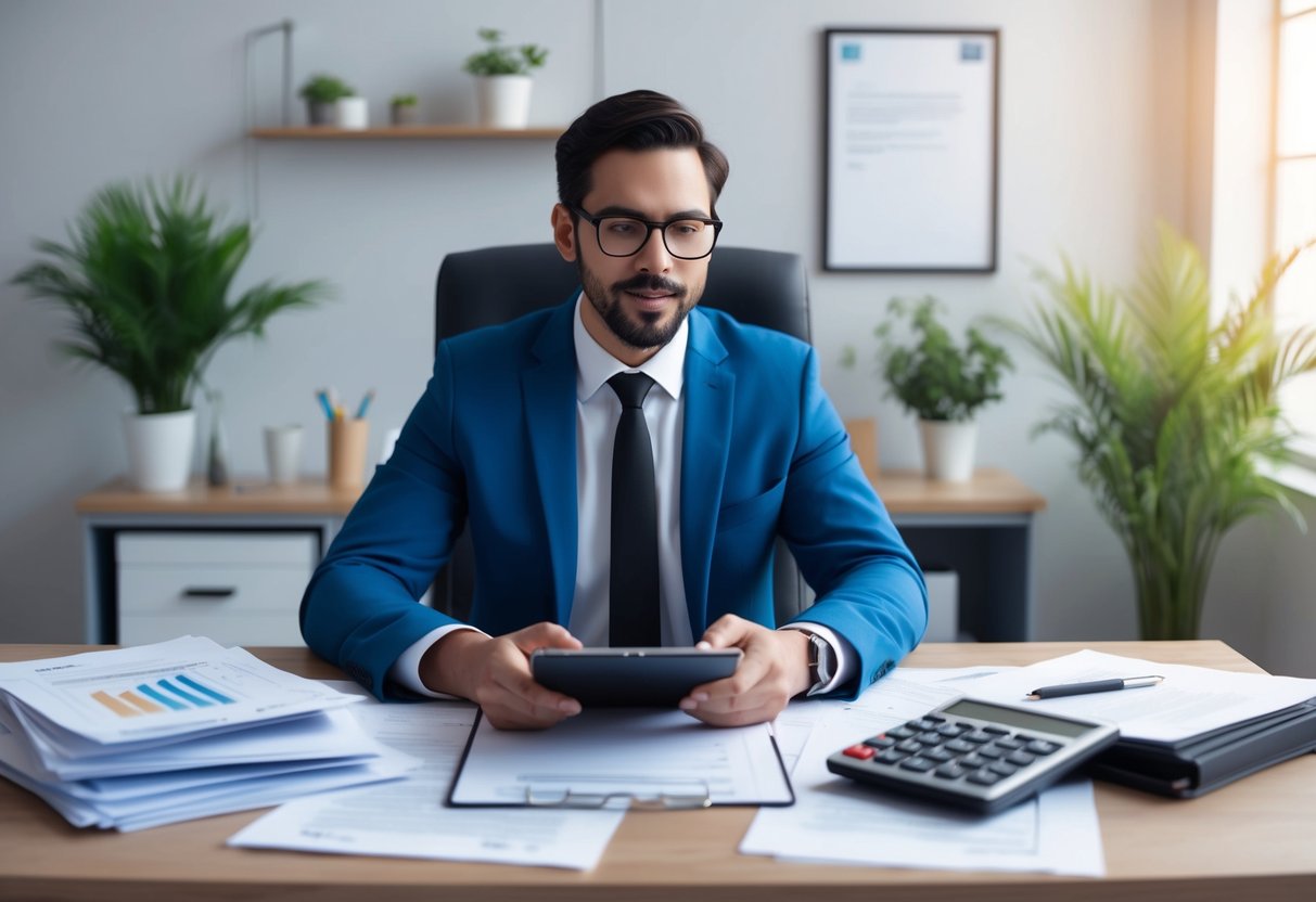 A person sitting at a desk, surrounded by paperwork and a calculator, speaking with a tax professional about minimizing taxes on rental income through smart deductions