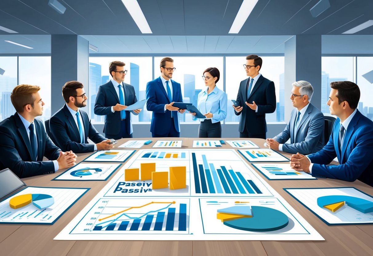 A group of financial experts discussing tax opportunities for passive investments in a modern office setting with charts and graphs on a large conference table