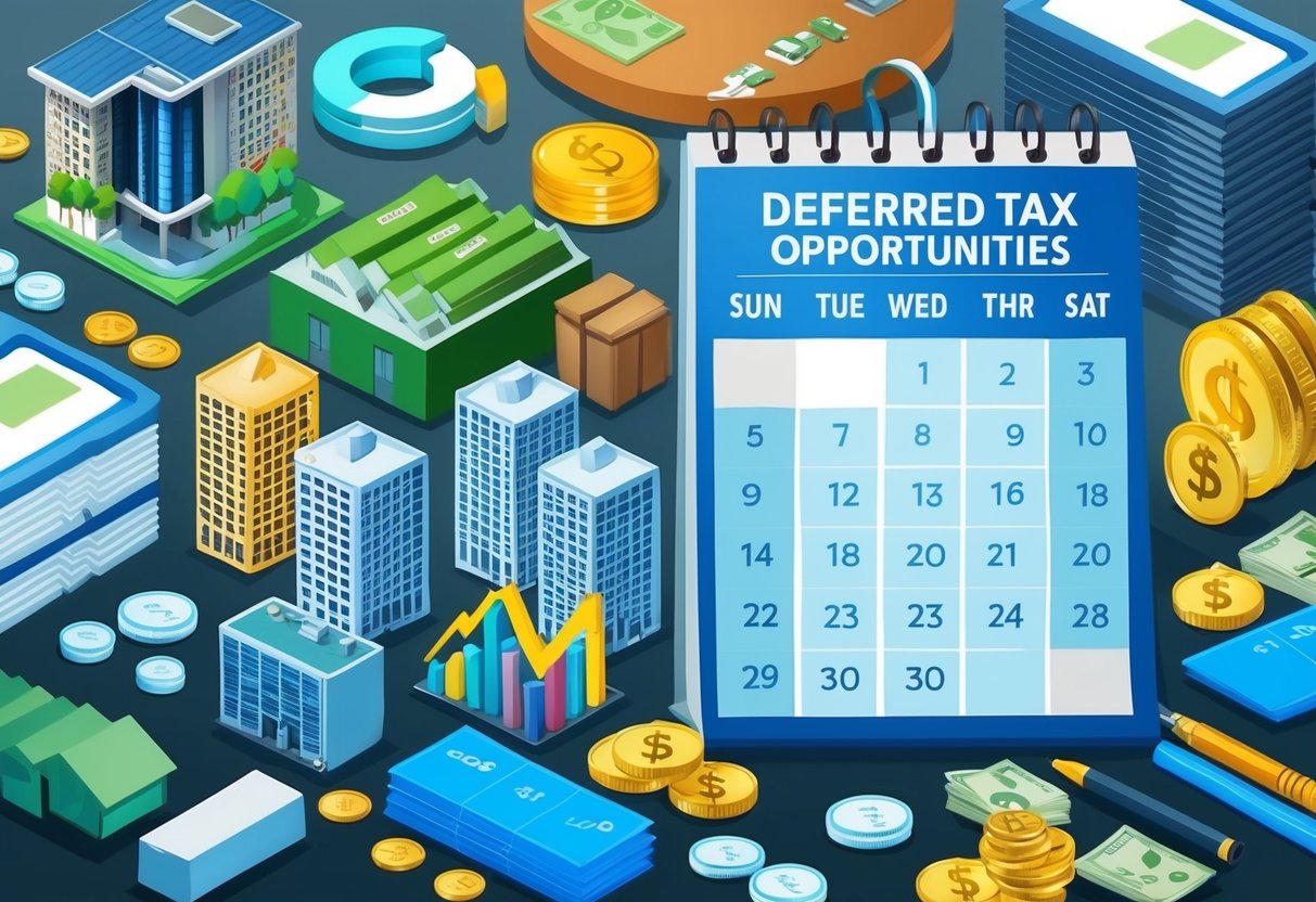 A diverse array of investment assets, including real estate, stocks, and bonds, are depicted alongside a calendar showing deferred tax opportunities