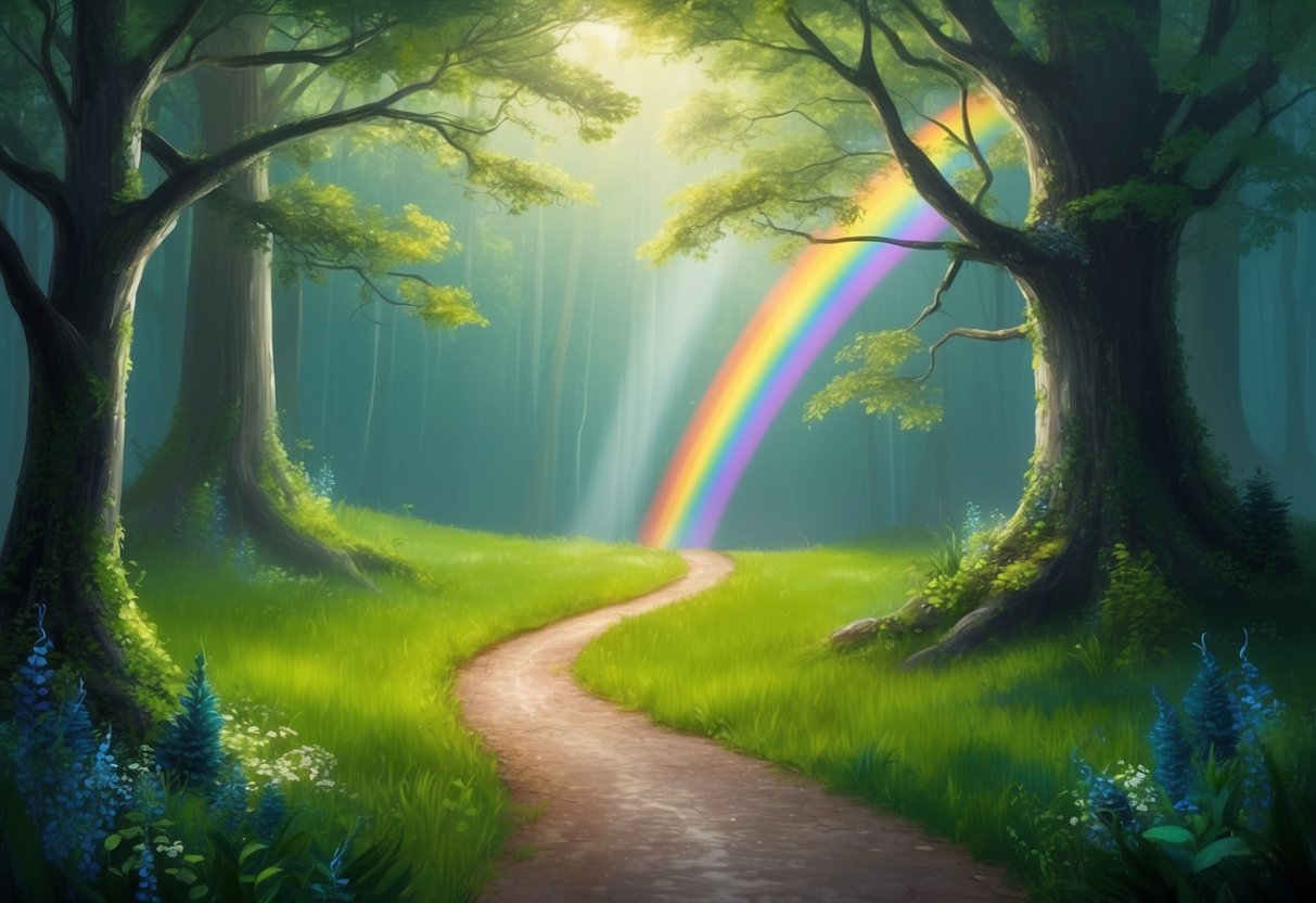 A tranquil forest with a winding path leading to a shining pot of gold at the end of the rainbow