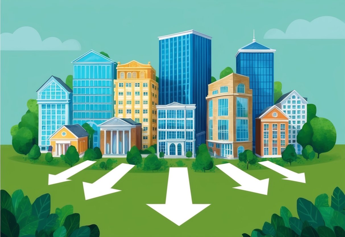 A group of diverse buildings surrounded by greenery, with arrows pointing downward to symbolize reduced taxable income
