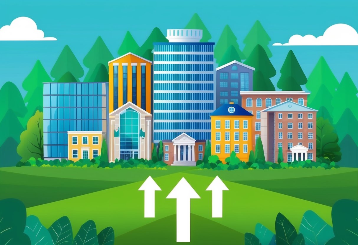 A group of diverse buildings surrounded by greenery, with arrows pointing downward to symbolize reduced taxable income
