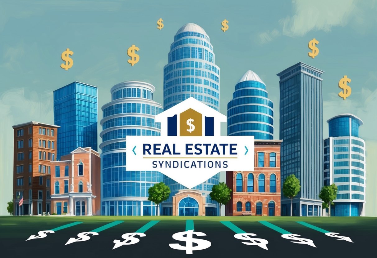 A group of diverse buildings with "Real Estate Syndications" logo, surrounded by dollar signs and arrows pointing downward