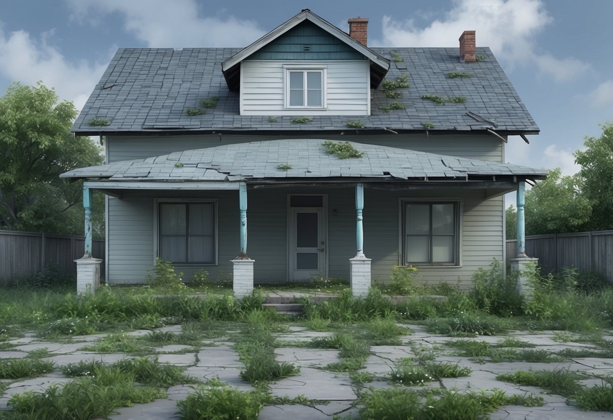 An empty house with overgrown yard, cracked paint, and worn-out fixtures, illustrating the concept of depreciation in real estate