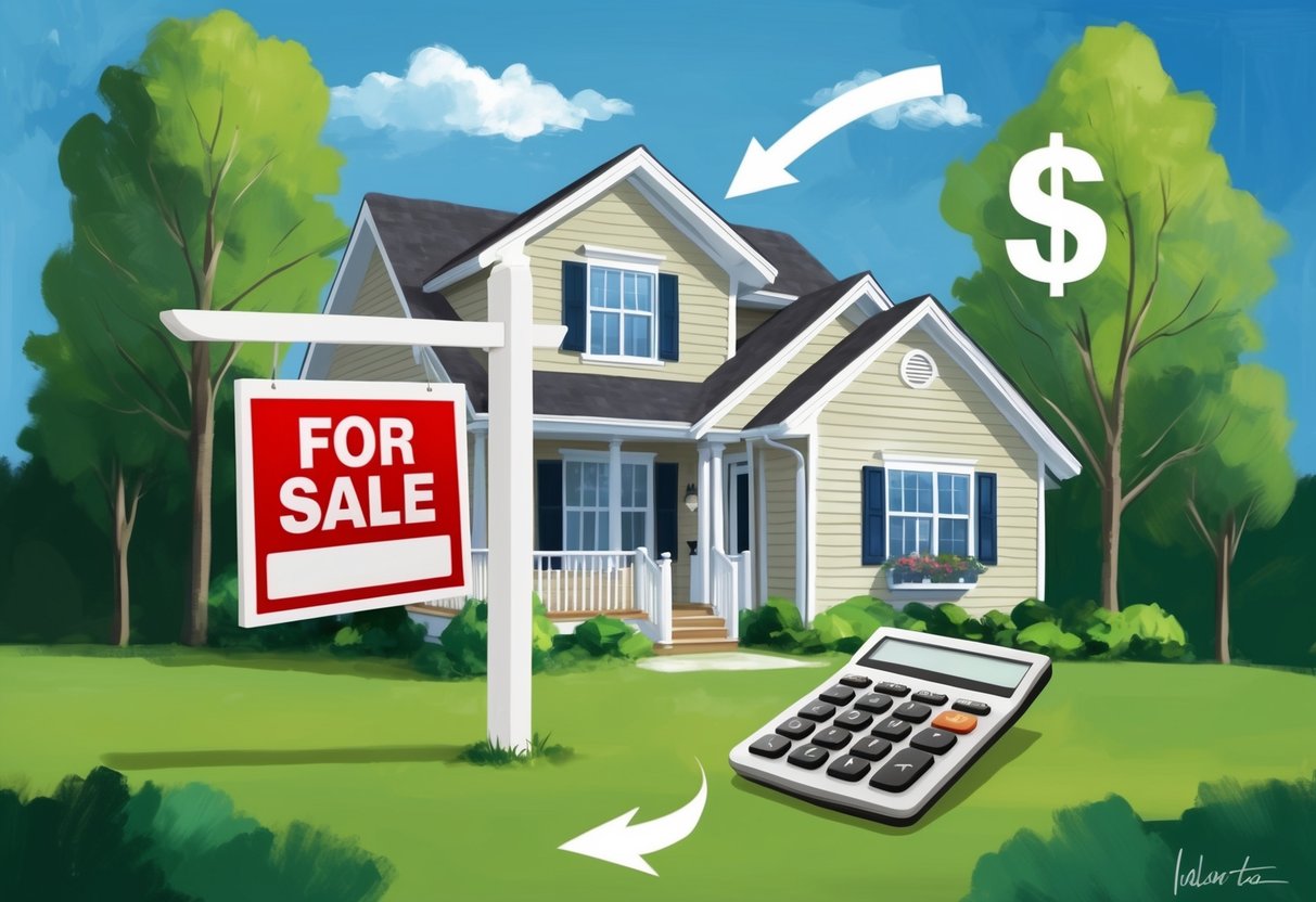 A house with a "For Sale" sign, surrounded by trees, with arrows pointing to a calculator and a dollar sign, symbolizing real estate tax savings through depreciation