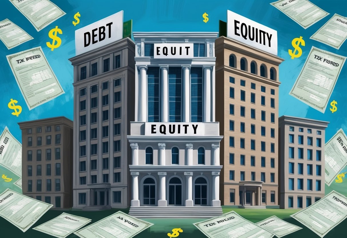 A group of buildings with "Debt" and "Equity" signs, surrounded by tax forms and dollar signs