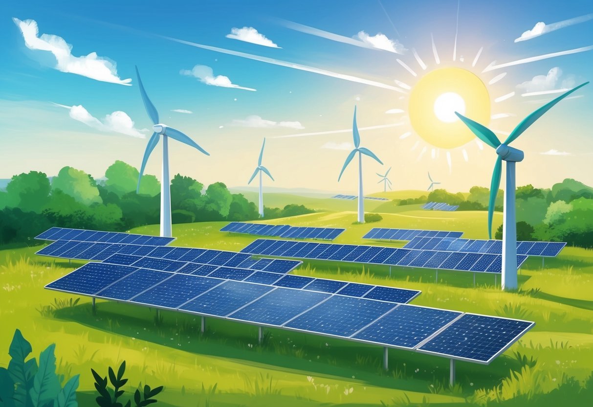 A sunlit landscape with solar panels and wind turbines, surrounded by greenery and clear skies, with a sense of clean energy and sustainability