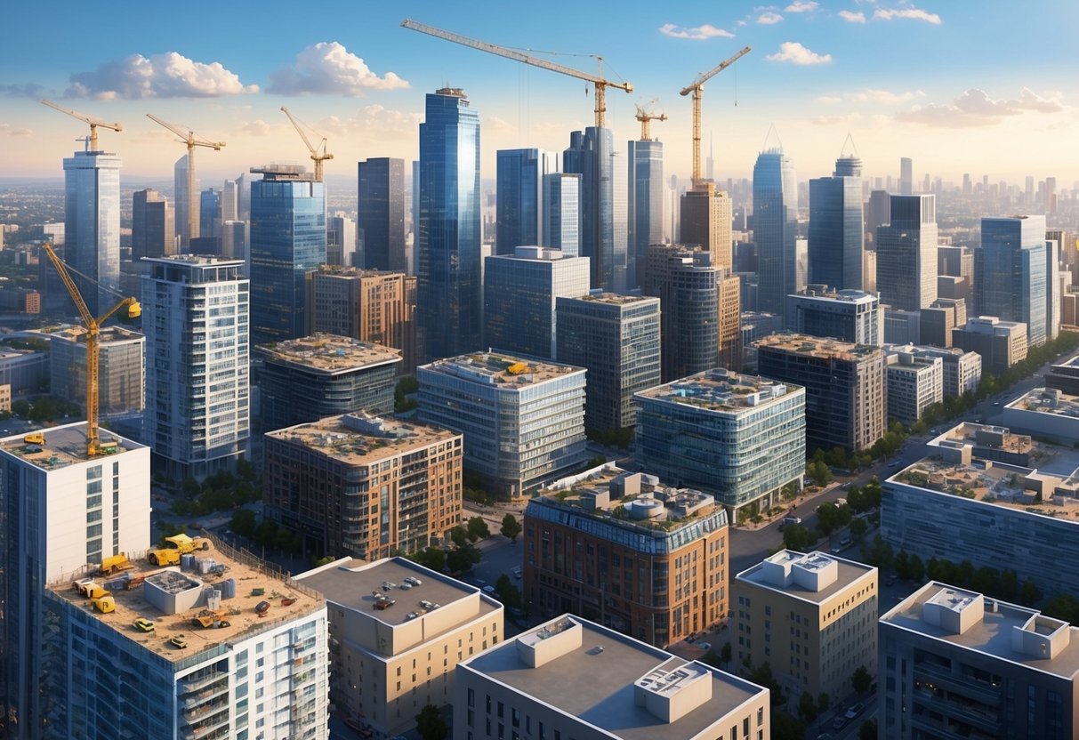 A bustling city skyline with multiple properties and buildings, some under construction, while others are fully occupied and generating income
