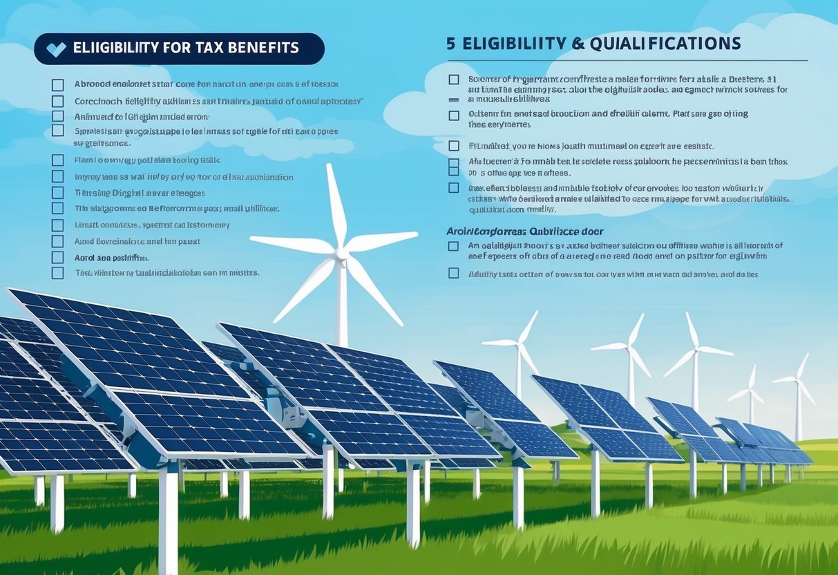 An array of solar panels and wind turbines against a backdrop of clear skies and green fields, with a checklist of eligibility and qualifications for tax benefits