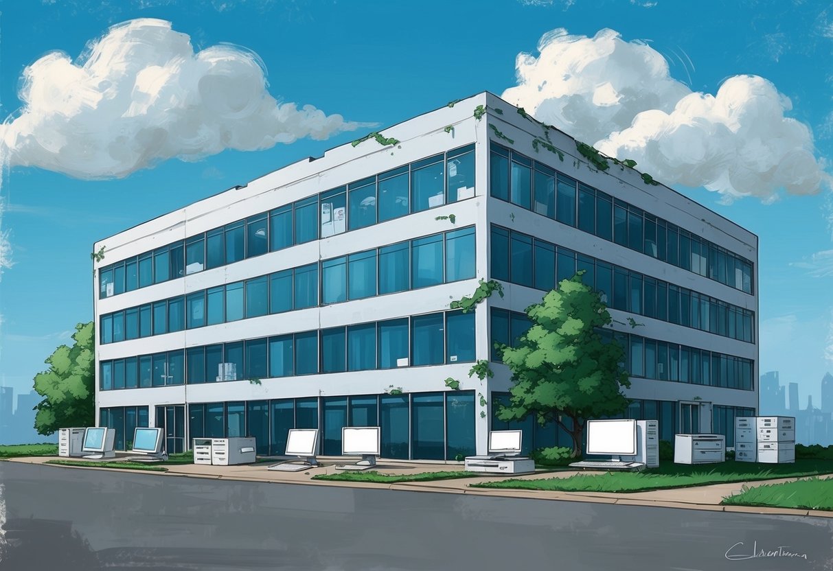 A modern office building with a focus on its assets such as computers, furniture, and equipment. The building shows signs of wear and tear, highlighting the concept of depreciation in real estate