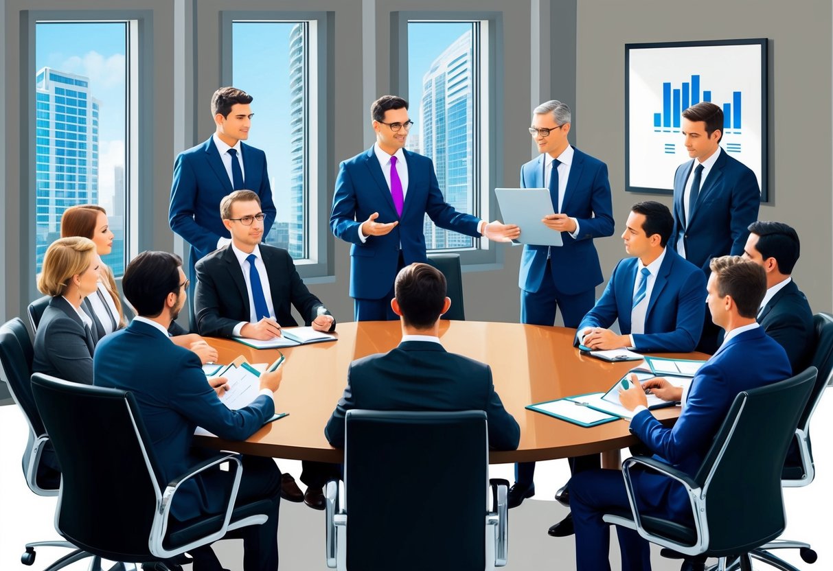 A group of real estate professionals discussing tax planning strategies for syndications in a boardroom setting