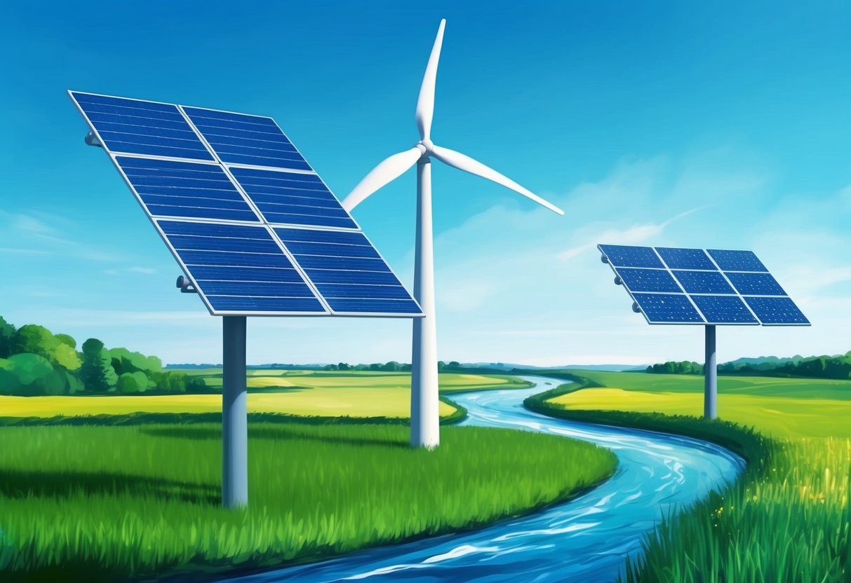 A wind turbine and solar panels stand against a clear blue sky, surrounded by lush green fields and a flowing river