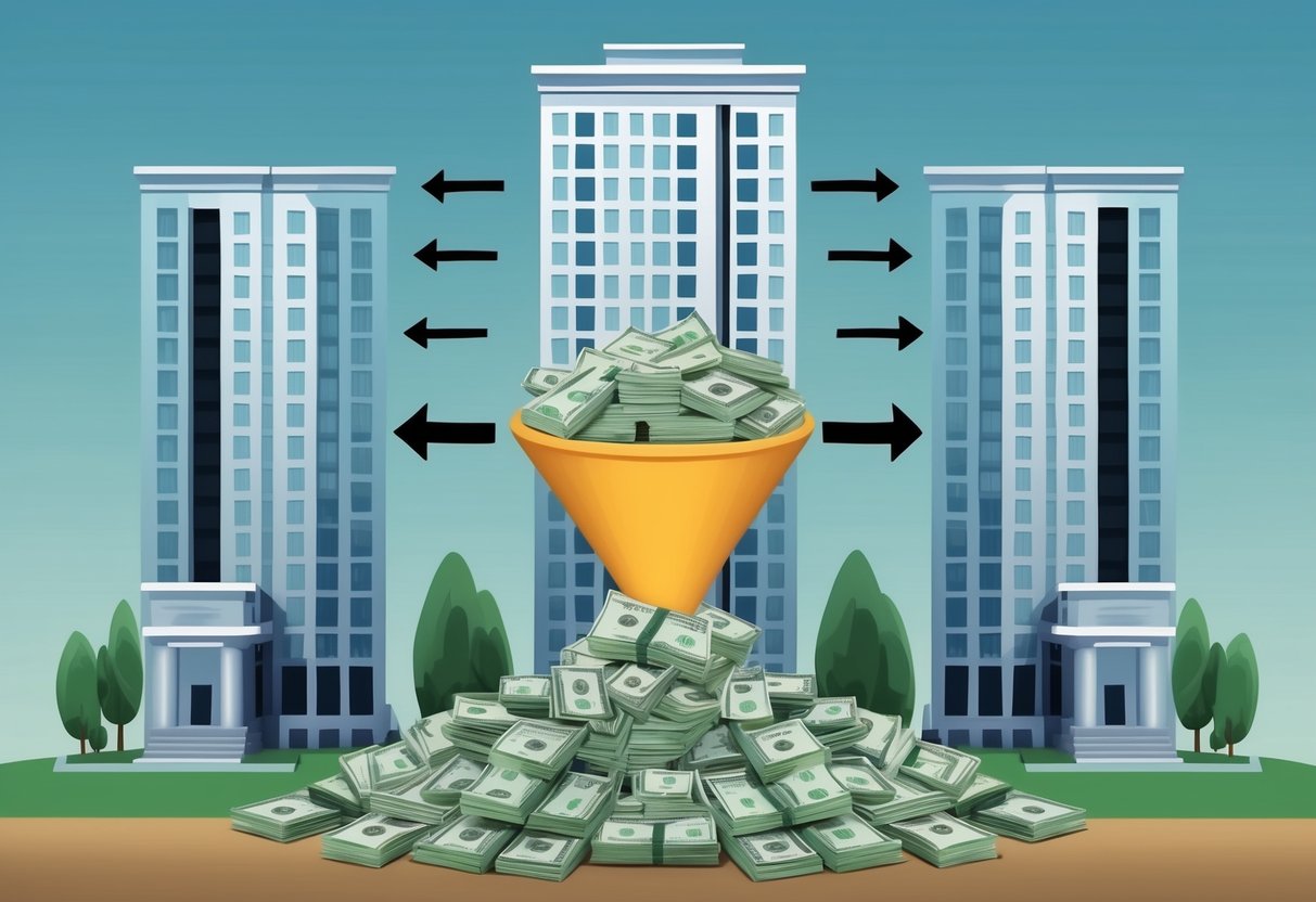 A group of buildings connected by arrows, representing legal and entity structures in real estate syndications. A pile of money shrinking as it passes through a funnel, symbolizing reduced taxable income