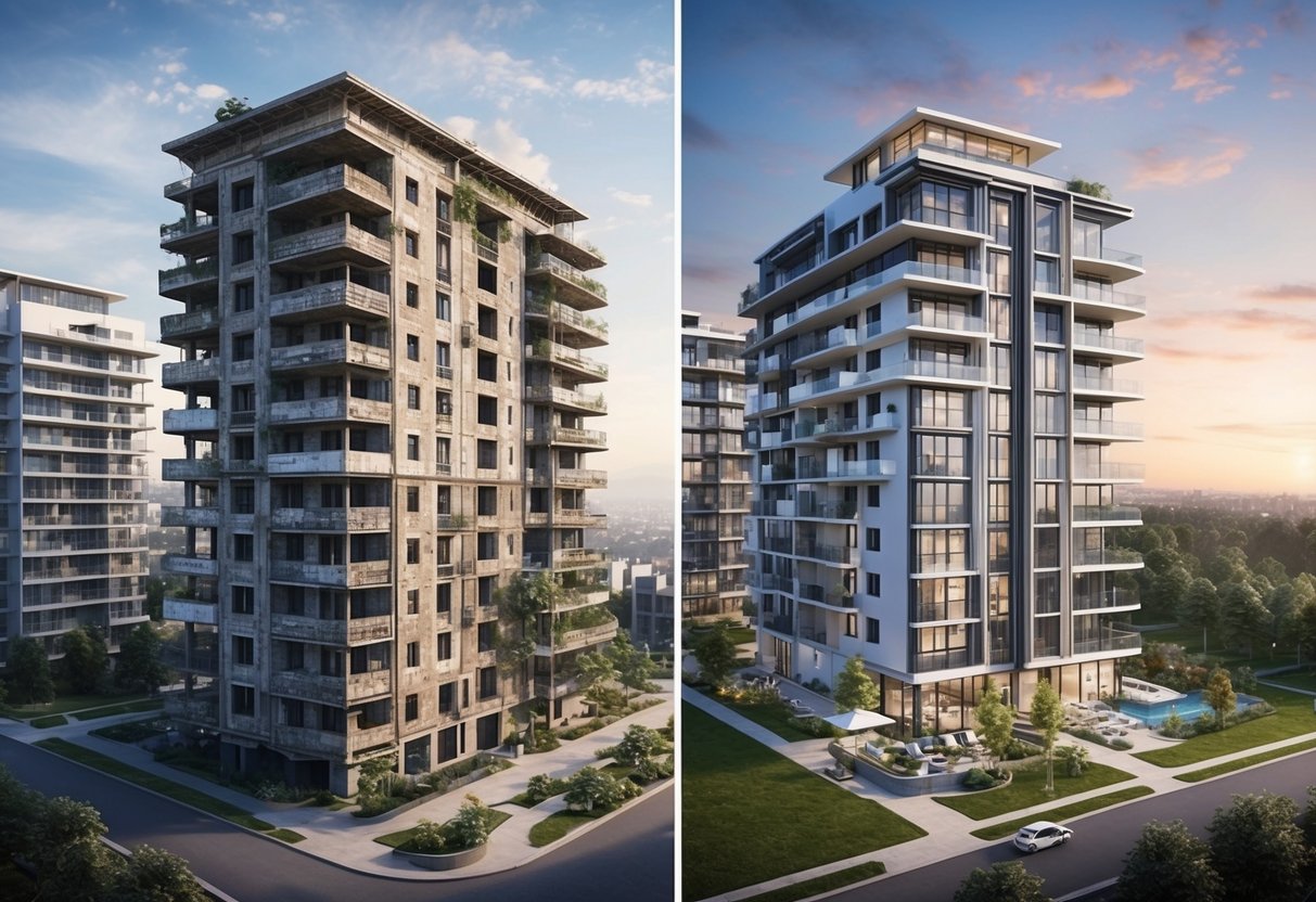 A real estate property with aging infrastructure and worn-out features, alongside a modern property with updated amenities and a fresh appearance