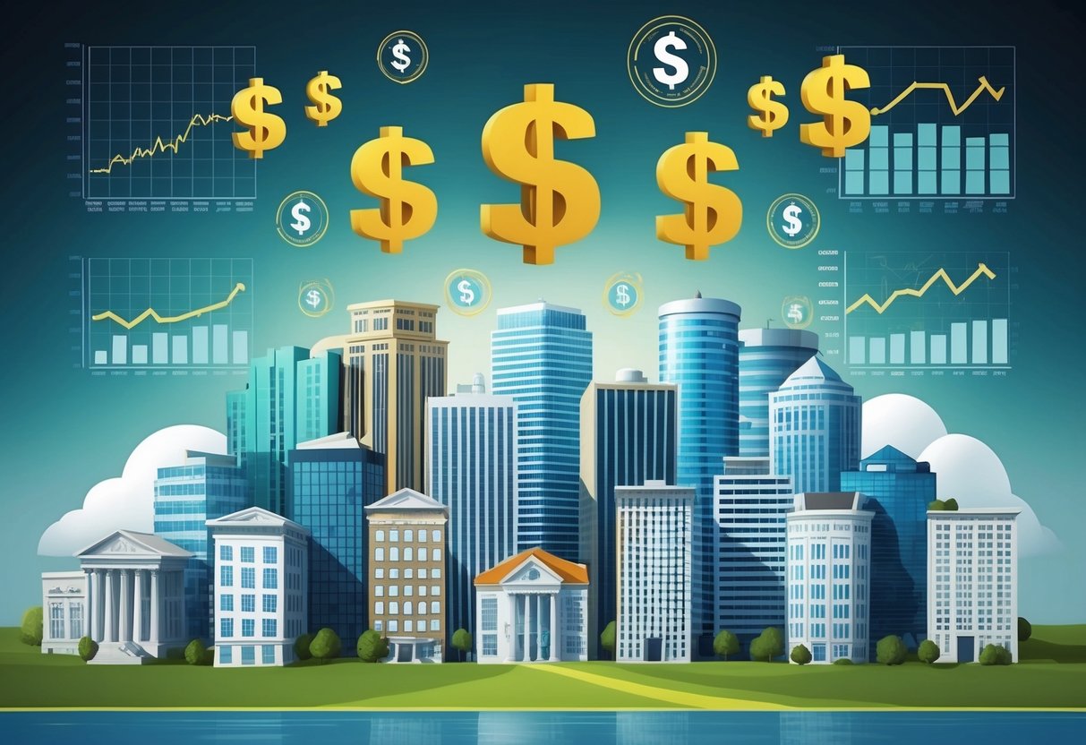 A group of diverse buildings with dollar signs floating above, surrounded by charts and graphs showing risk and return