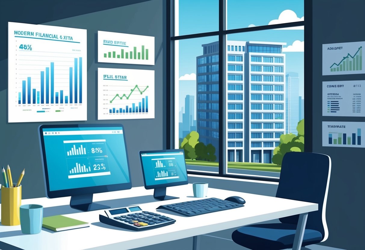 A modern office with a desk, computer, and calculator. Charts and graphs on the wall show financial data. A building in the background represents real estate