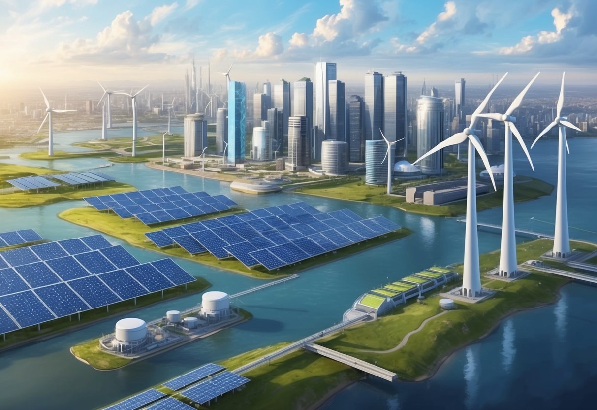 A bustling city skyline with multiple renewable energy projects in progress, including wind turbines, solar panels, and hydroelectric dams