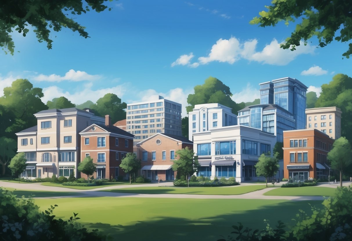 A group of diverse buildings, including residential and commercial properties, surrounded by trees and greenery, with a clear blue sky overhead