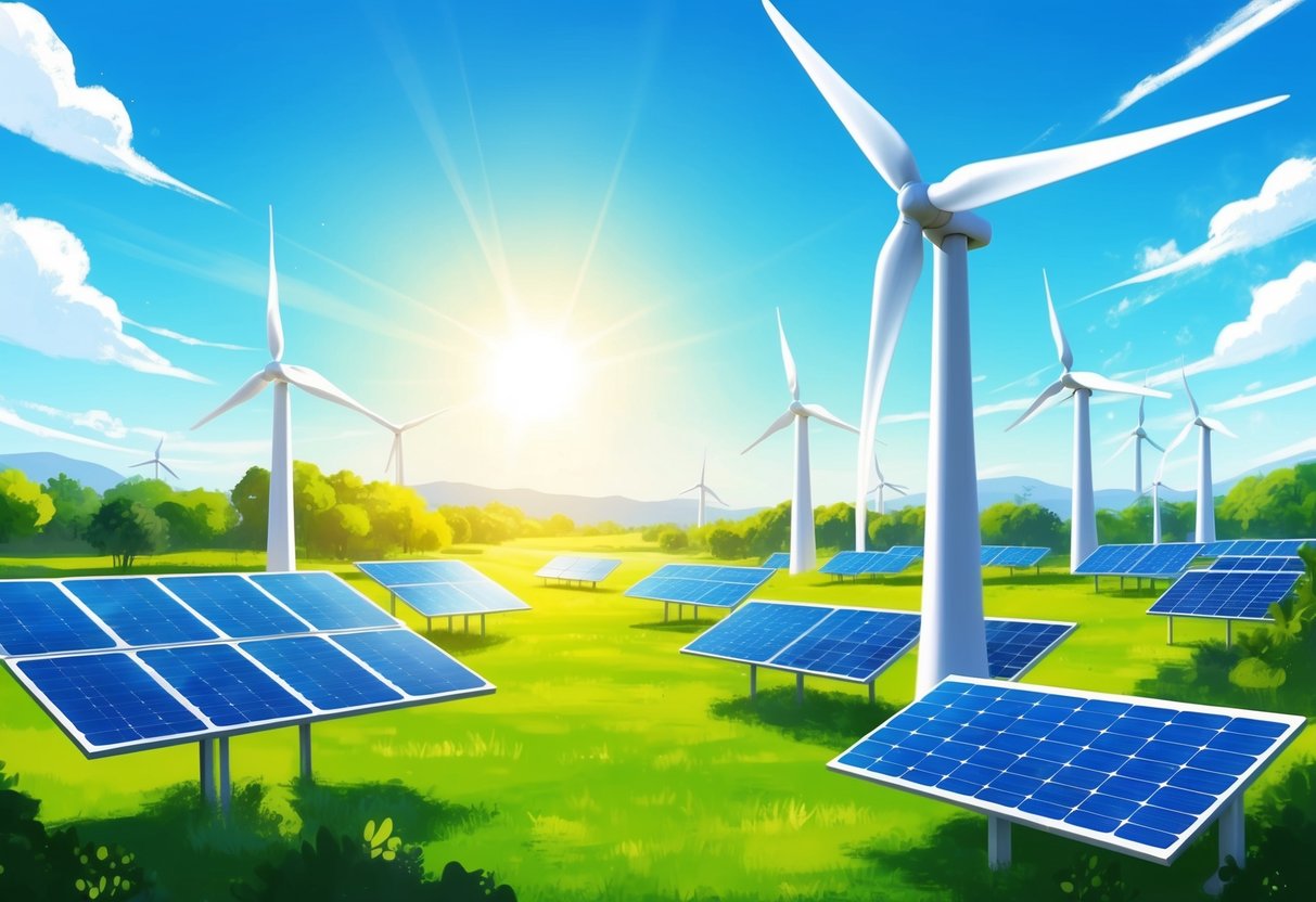 A bright, sunlit landscape with wind turbines and solar panels, surrounded by lush greenery and clear blue skies