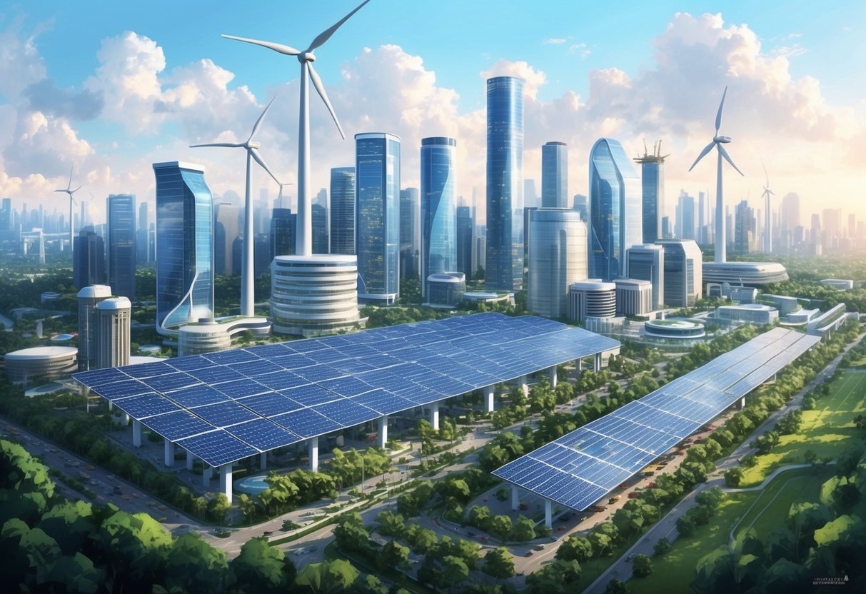A bustling city skyline with solar panels and wind turbines integrated into the architecture, surrounded by lush greenery and clean energy infrastructure