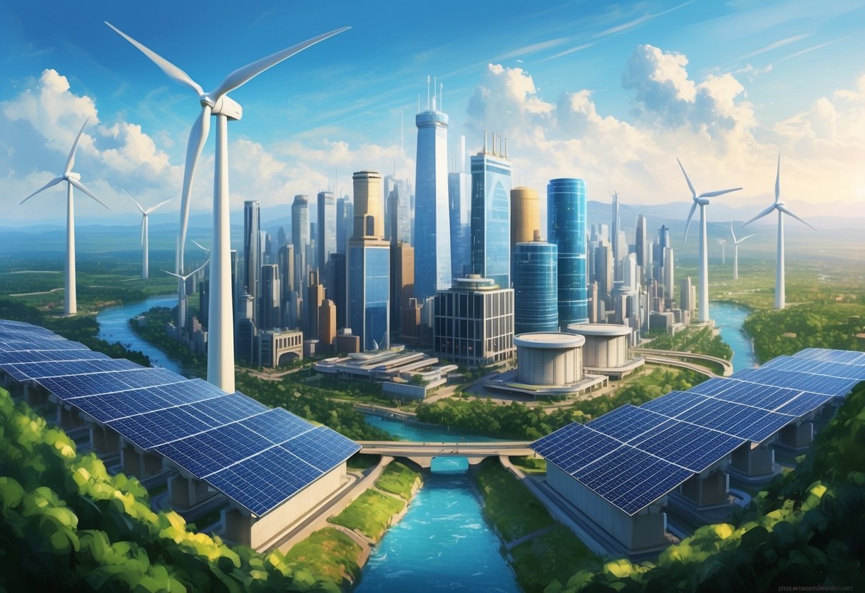 A bustling city skyline with wind turbines, solar panels, and hydroelectric dams in the background, surrounded by lush greenery and clean air