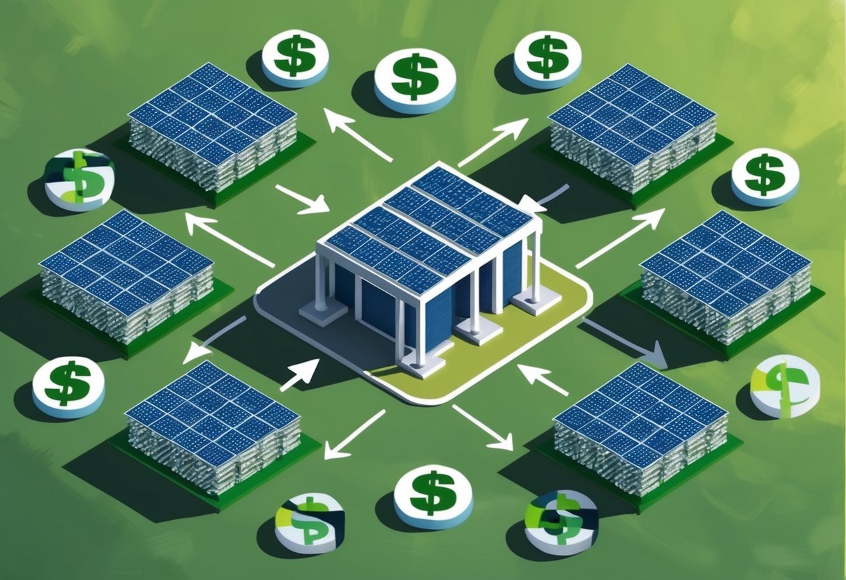 A group of renewable energy projects surrounded by dollar signs and tax credit symbols, with arrows pointing towards them
