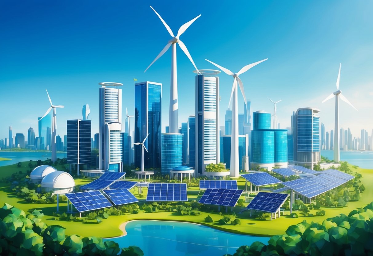 A vibrant city skyline with wind turbines and solar panels integrated into the architecture, surrounded by lush greenery and clean, blue skies