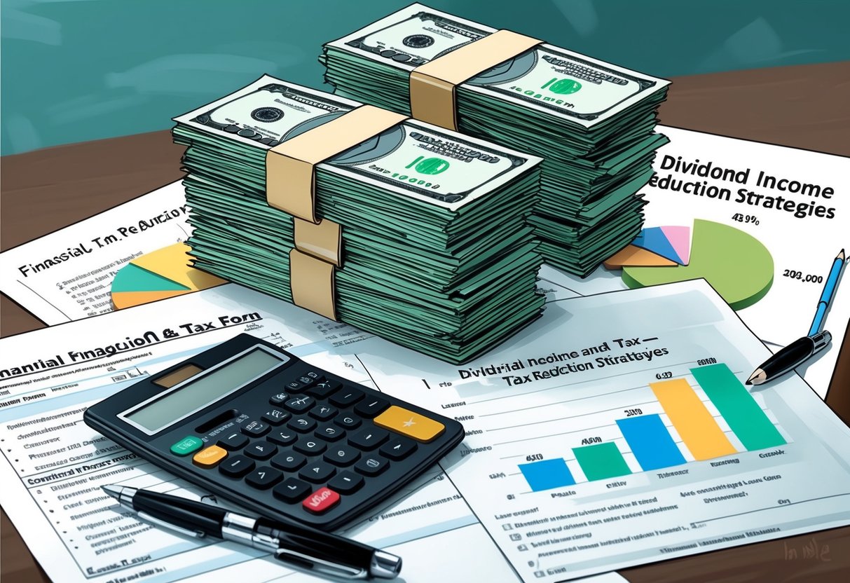 A stack of money surrounded by financial documents and tax forms. A calculator and pen sit on the table, with a chart showing dividend income and tax reduction strategies