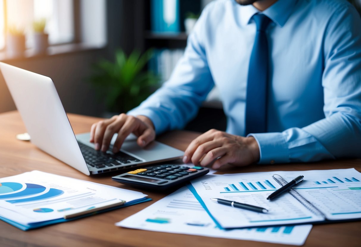 A person researching tax strategies with a laptop, calculator, and financial documents spread out on a desk