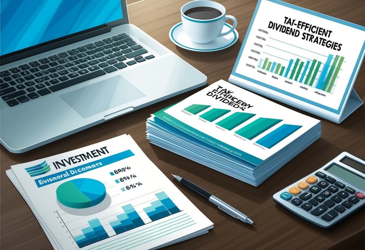 A desk with a laptop, financial documents, and a calculator. A stack of investment brochures and a chart showing tax-efficient dividend strategies