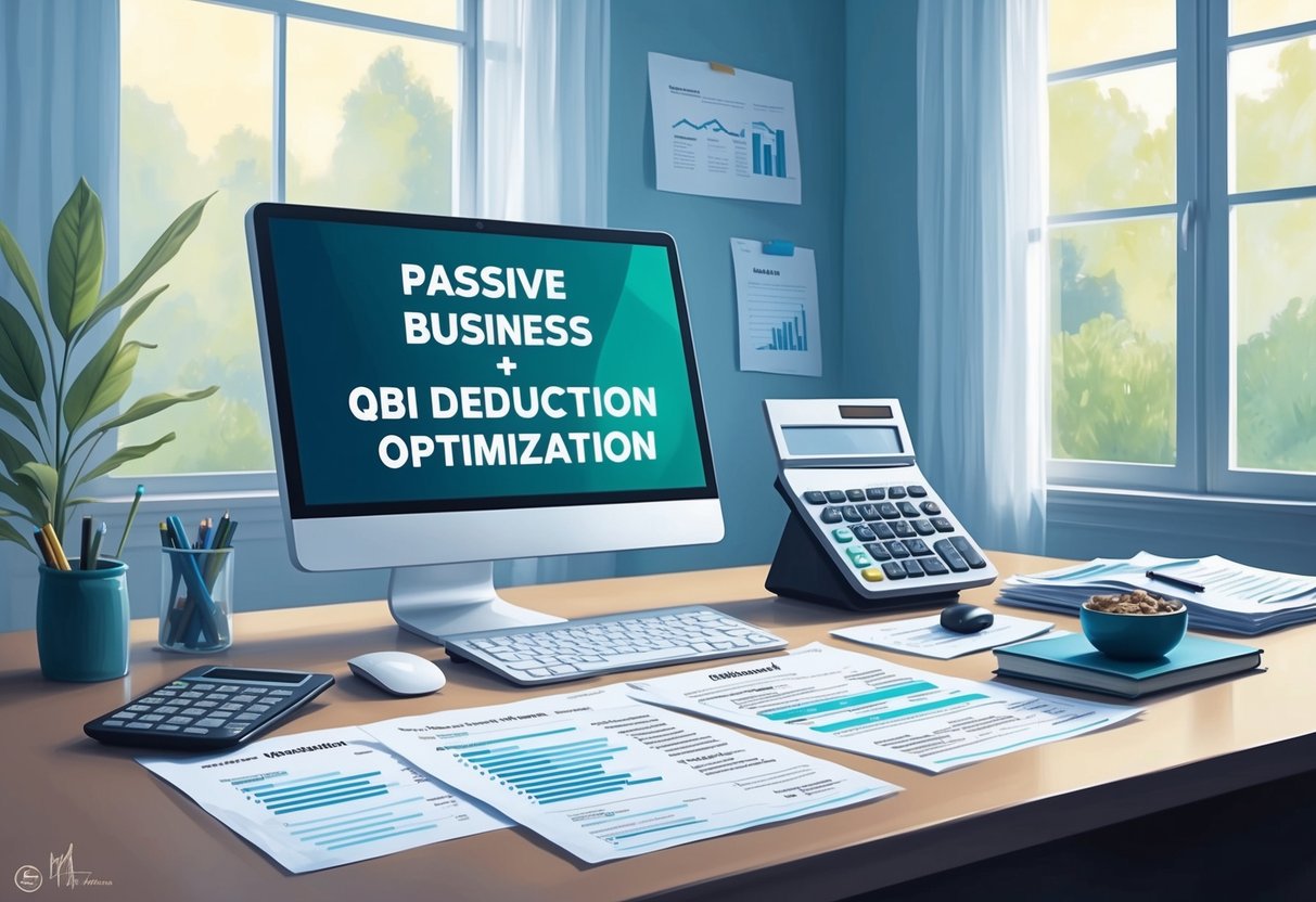 A tranquil office setting with a computer, calculator, and financial documents, symbolizing passive business income and QBI deduction optimization