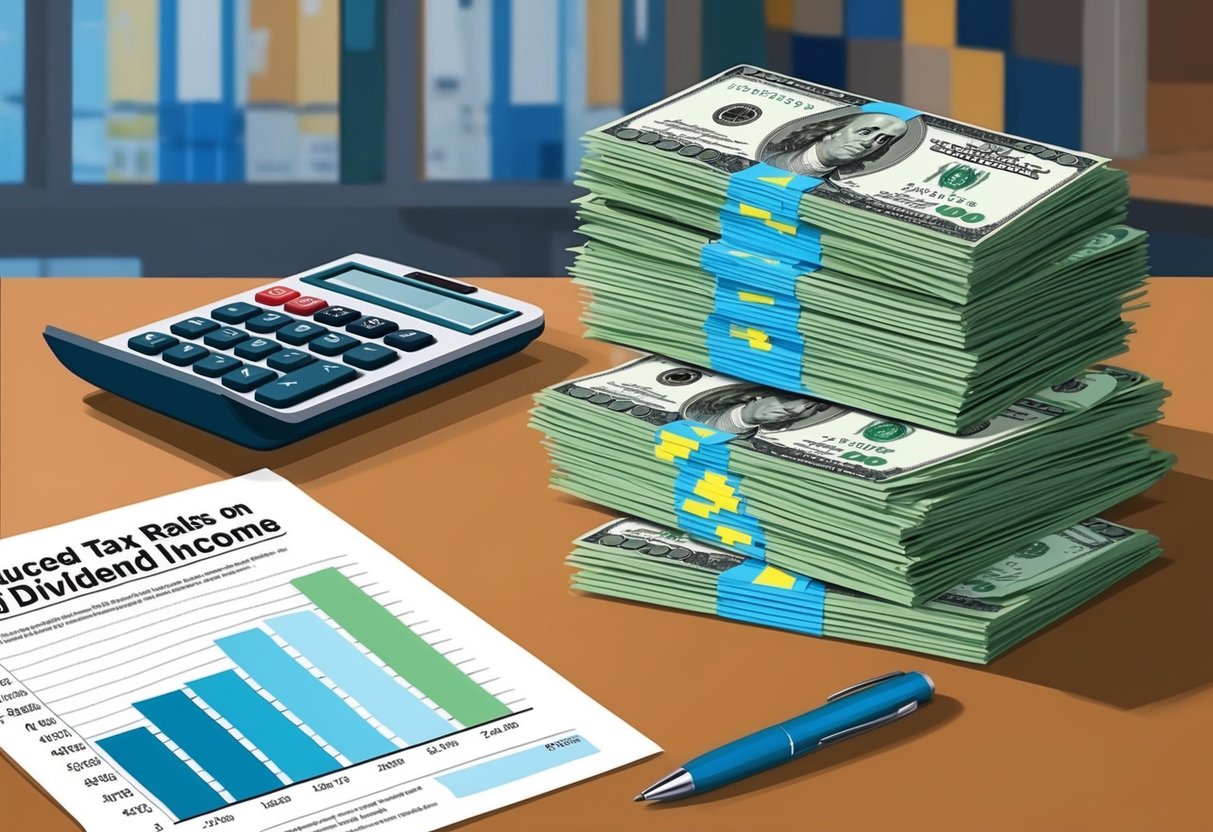 A stack of money and stock certificates on a desk, with a calculator and tax forms nearby. A chart showing reduced tax rates on dividend income