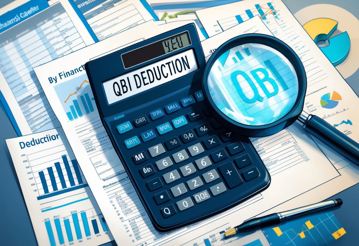A calculator surrounded by financial documents and charts, with a magnifying glass highlighting the QBI deduction formula