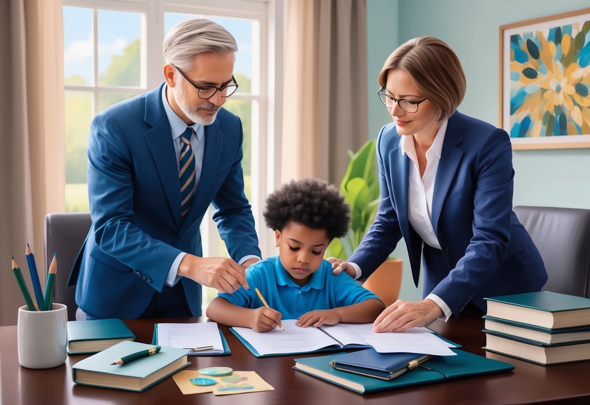 A family member sets up a trust fund for a special needs dependent, with a lawyer and financial advisor present for estate planning