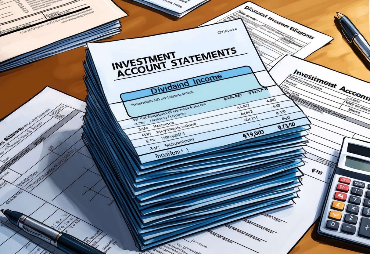 A stack of investment account statements with dividend income highlighted, surrounded by tax forms and a calculator