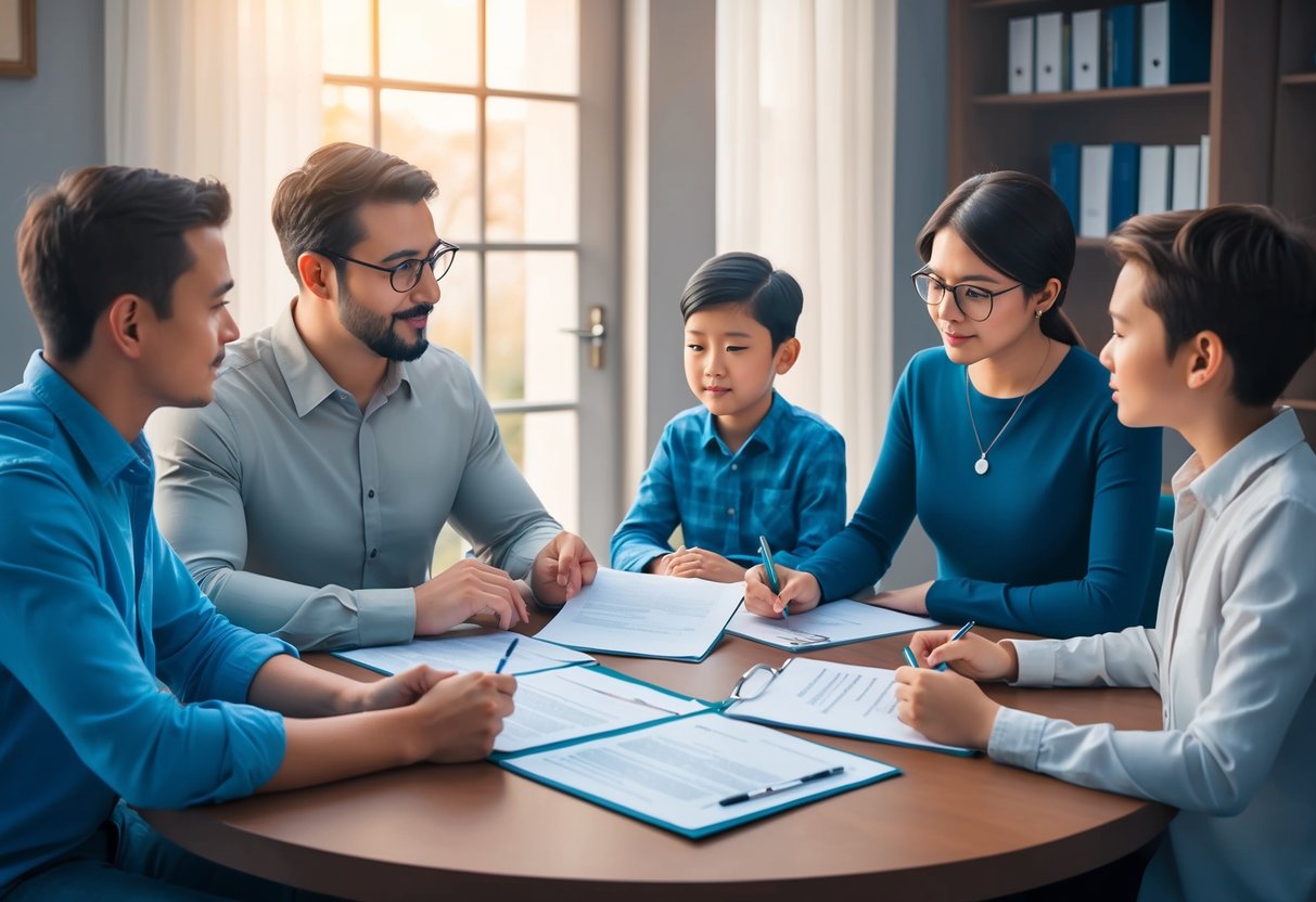A family sitting around a table with legal documents, discussing guardianship options for a special needs dependent