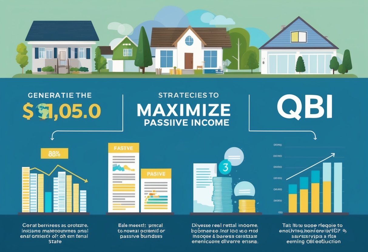 A group of diverse businesses, including real estate and rental properties, are shown generating passive income. Charts and graphs illustrate strategies to maximize the QBI deduction