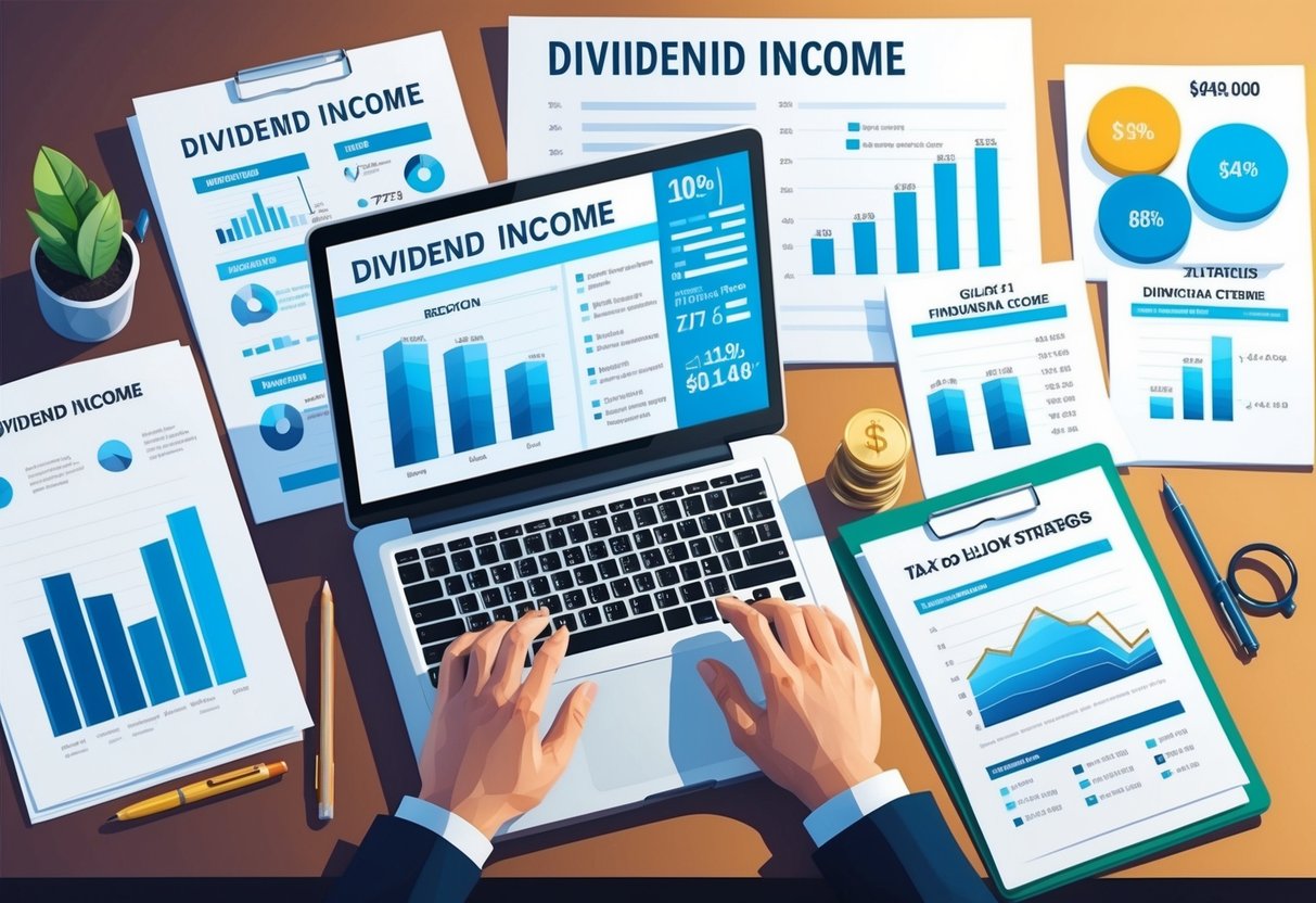 A desk with a laptop and financial documents, surrounded by charts and graphs showing dividend income and tax reduction strategies